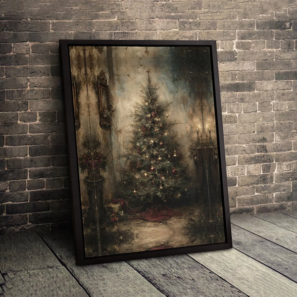 Moody Rustic Holiday Canvas Wall Art, Vintage Christmas Tree Canvas Print, Festive Winter Canvas, Printable Digital Download 