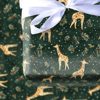 Holly and Snowflake Giraffe Gift Wrap, Christmas Giraffe Wrapping Paper, Winter Giraffe Wrapping Paper, Forest Green Holiday Present Wrap