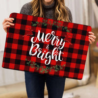 Buffalo Plaid Welcome Mat, Merry and Bright Wreath Christmas Doormat, Holiday Front Door Mat, Winter Porch Entry Rug, Xmas Home Decor