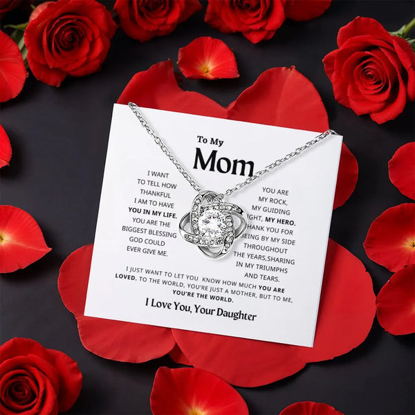 Mother Knot Necklace, Mom Love Knot Necklace, CZ Crystal Pendant Necklace, Rotating Rose Gift Box Birthday Christmas Present 
