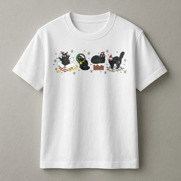 Humorous Kitty Holiday Pet Graphic Tee, Black Cat Santa Christmas T-Shirt, Adorable Spooky Xmas Cat Lover Shirt, Festive Anim