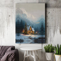 Snowy Mountain Canvas Wall Art, Winter Cabin Canvas Print, Rustic Forest Landscape Canvas Art, Christmas Decor Digital Download Printable