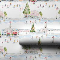 Watercolor Town Square Gift Wrap, Ice Skating Winter Village Wrapping Paper, Festive Christmas Wrapping Paper, Holiday Season Gift Wrap Roll