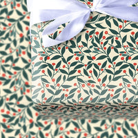 Red Berry Green Leaf Gift Wrap, Botanical Christmas Wrapping Paper, Winter Holiday Wrapping Paper, Festive Botanical Gift Wrap Roll
