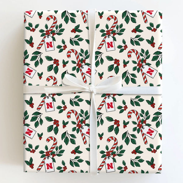 Candy Cane Holly Gift Wrap, Initial N Christmas Wrapping Paper, Letter N Holiday Wrapping Paper, Festive Monogram Gift Wrappi