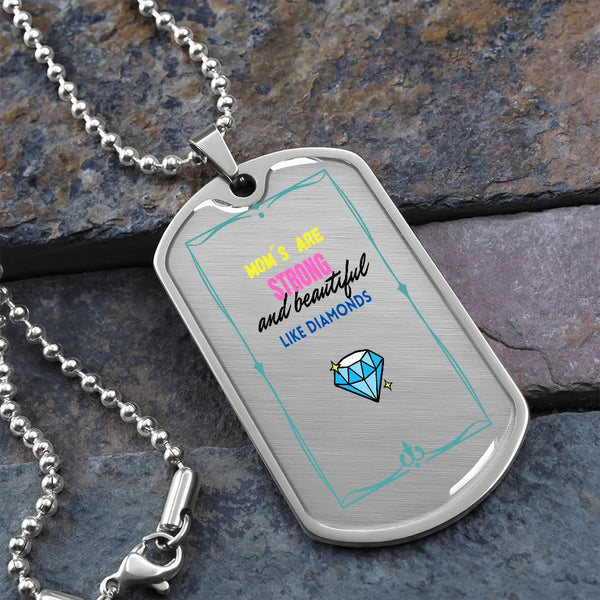 Diamond Quote Pendant, Strong and Beautiful Mom Dog Tag Necklace, Mother Dog Tag, Engraved Mom Keepsake Necklace, Birthday Ch