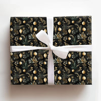 Botanical Black Christmas Gift Wrap, Gold Ornament Wrapping Paper, Elegant Holiday Greenery Wrapping Paper, Xmas Present Wrapping Paper