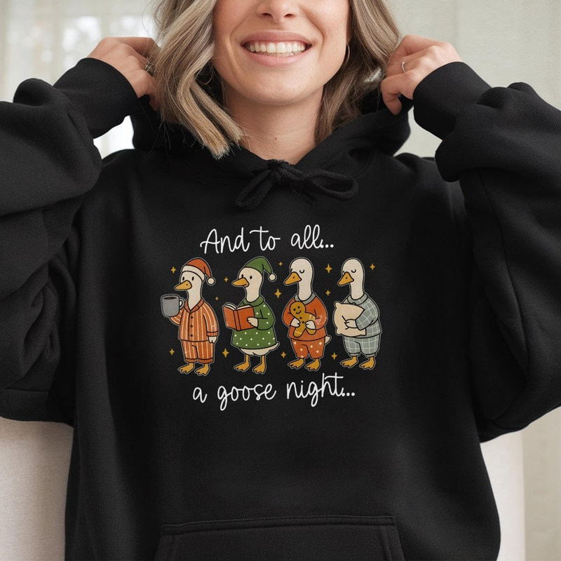 Adorable Pajama Geese Graphic Hooded Sweatshirt, Goose Christmas Hoodie, Silly Goose Holiday Pullover, Humorous Xmas Present for Goose Lovers