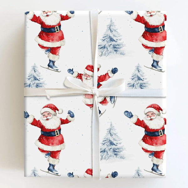 Christmas Winter Gift Wrap, Ice Skating Santa Wrapping Paper, Watercolor Holiday Present Wrapping Paper, Adorable Santa Claus