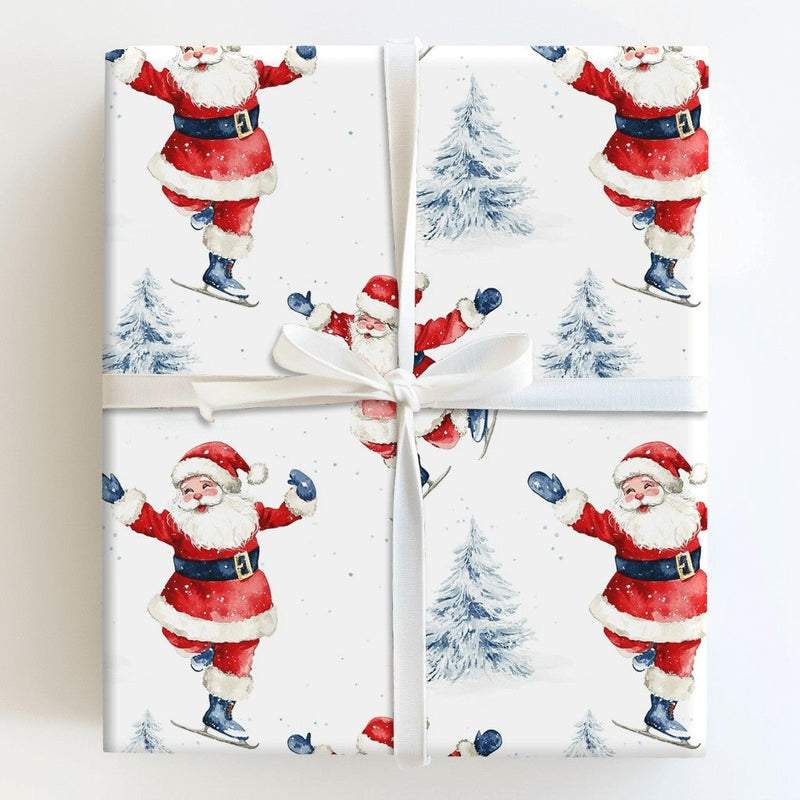 Christmas Winter Gift Wrap, Ice Skating Santa Wrapping Paper, Watercolor Holiday Present Wrapping Paper, Adorable Santa Claus Winter Gift Wrap