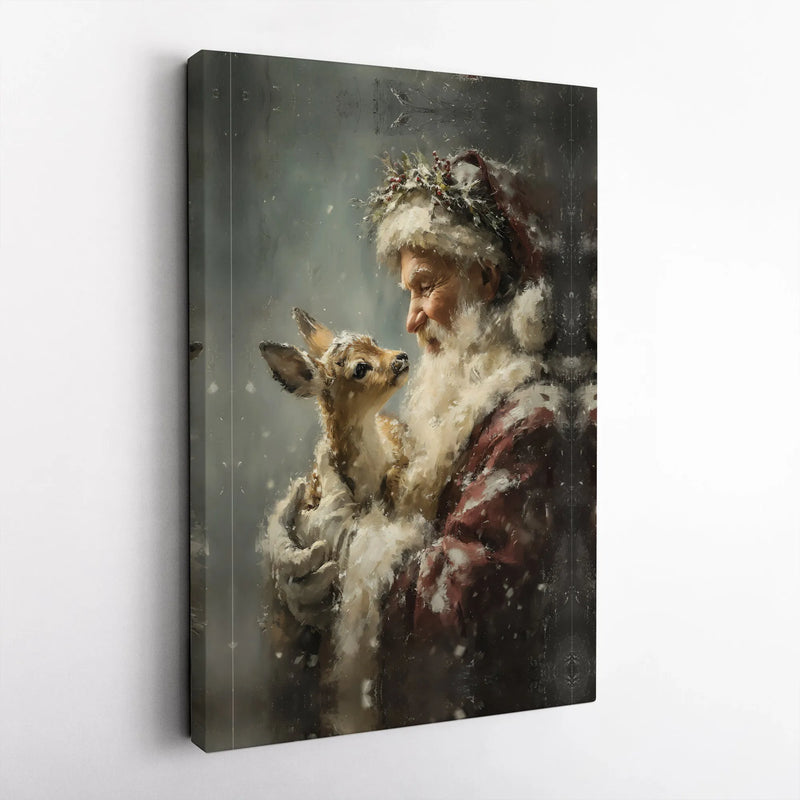 Rustic Christmas Wall Decor, Santa Claus with Baby Deer Canvas Art, Holiday Season Canvas Print, Festive Winter Canvas, Xmas Home Present