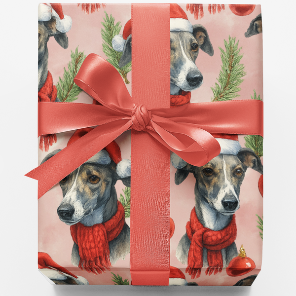 Santa Hat Dog Holiday Gift Wrap Roll, Whippet Christmas Wrapping Paper, Winter Sighthound Wrapping Paper, Elegant Dog Lover P