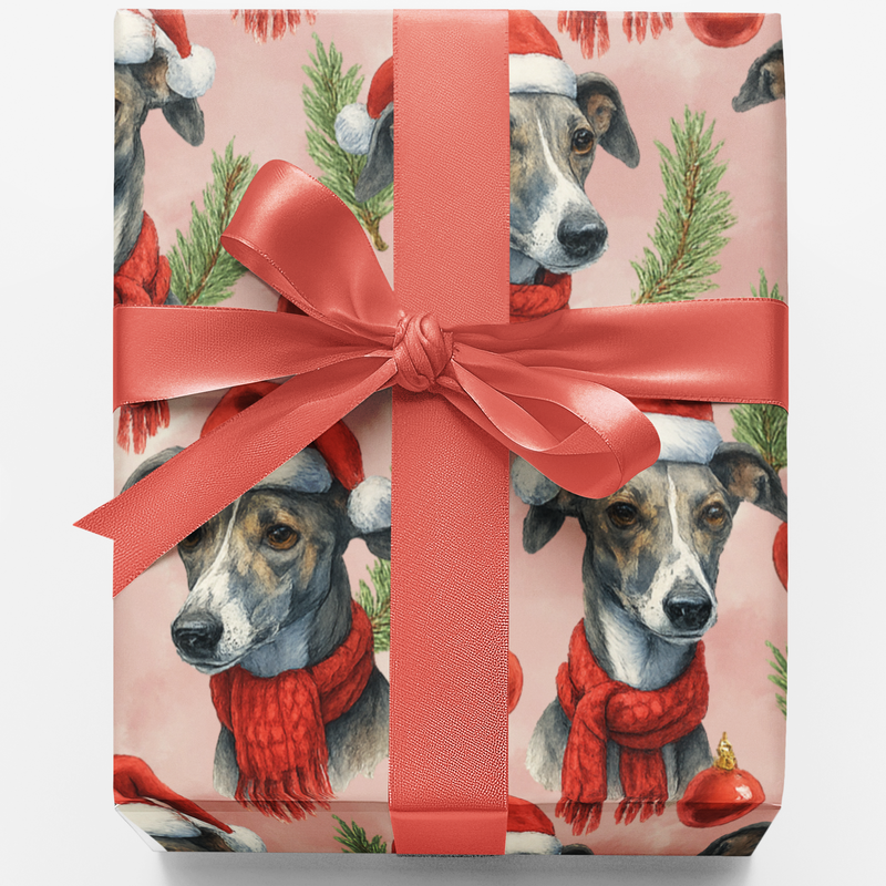 Santa Hat Dog Holiday Gift Wrap Roll, Whippet Christmas Wrapping Paper, Winter Sighthound Wrapping Paper, Elegant Dog Lover Present Wrap