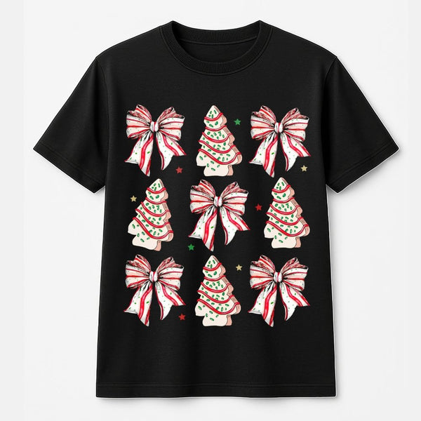 Coquette Bow Holiday Shirt, Christmas Tree Cake T-Shirt, Retro Xmas Graphic Tee, Festive Winter Cake T-Shirt, Adorable Christ