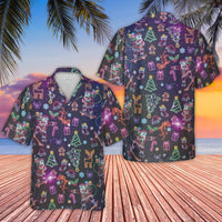 Skateboarding Santa Holiday Shirt, Neon Christmas Hawaiian Shirt, Tropical Xmas Aloha Shirt, Festive Button Up Shirt, Party Present for Men