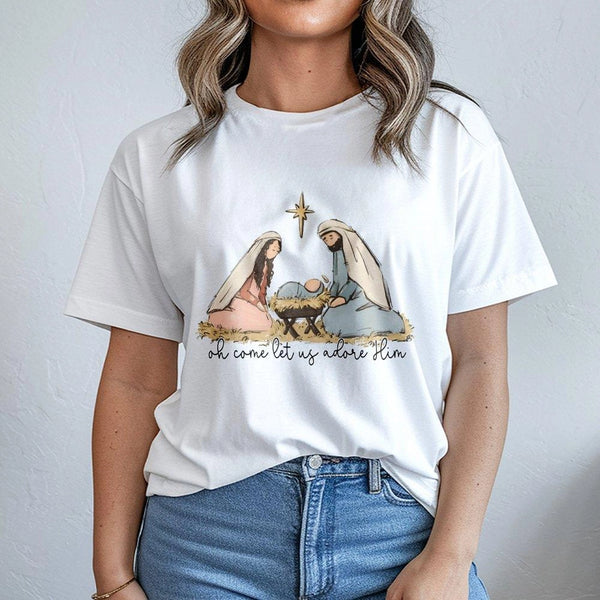 Oh Come Let Us Adore Him Shirt, Nativity Scene T-Shirt, Christian Christmas Graphic Tee, Religious Holiday Faith T-Shirt, Nat