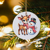 Ceramic Christmas Tree Ornament, Adorable Baby Deer Snowman Ornament, Winter Holiday Keepsake Ornament, Woodland Animal Xmas Present