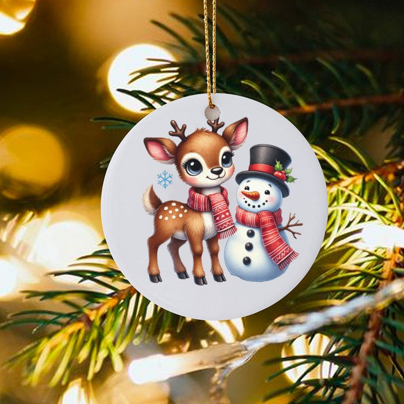Ceramic Christmas Tree Ornament, Adorable Baby Deer Snowman Ornament, Winter Holiday Keepsake Ornament, Woodland Animal Xmas Present