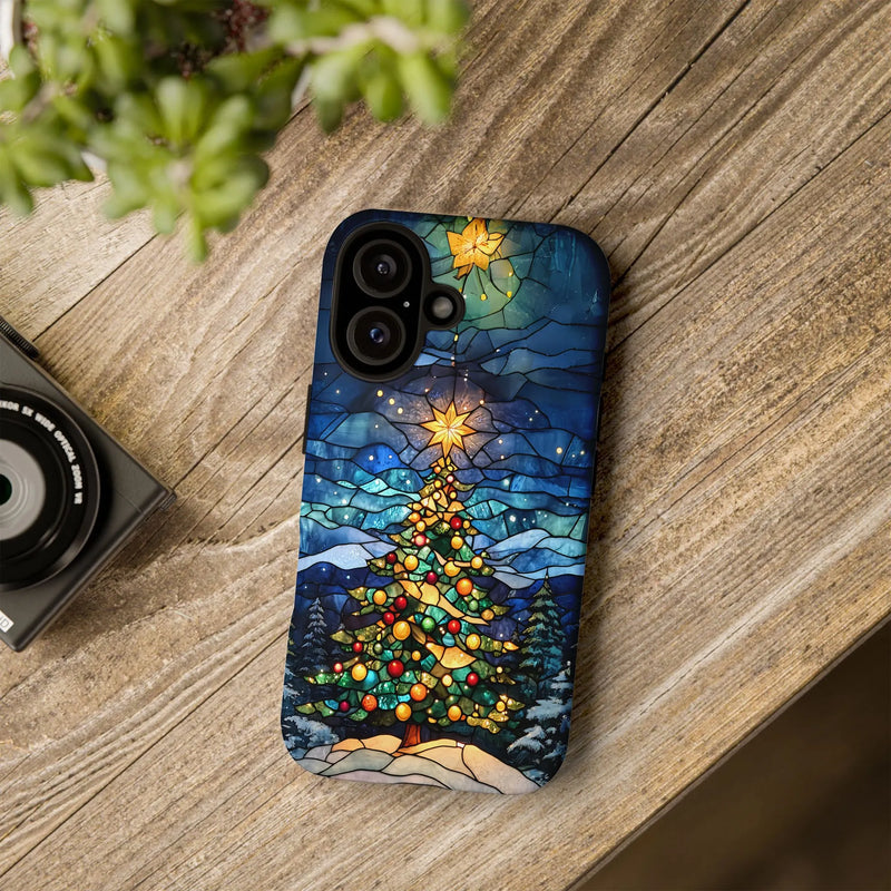 Holiday Ornament Art Cover, Stained Glass Christmas Tree iPhone Case, Dual Layer Polycarbonate Case, Festive Winter Season Present Case