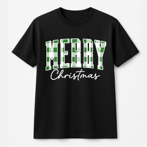 Buffalo Check Tree Holiday Shirt, Green Plaid Merry Christmas T-Shirt, Rustic Merry Christmas Tee, Festive Winter Graphic T-S