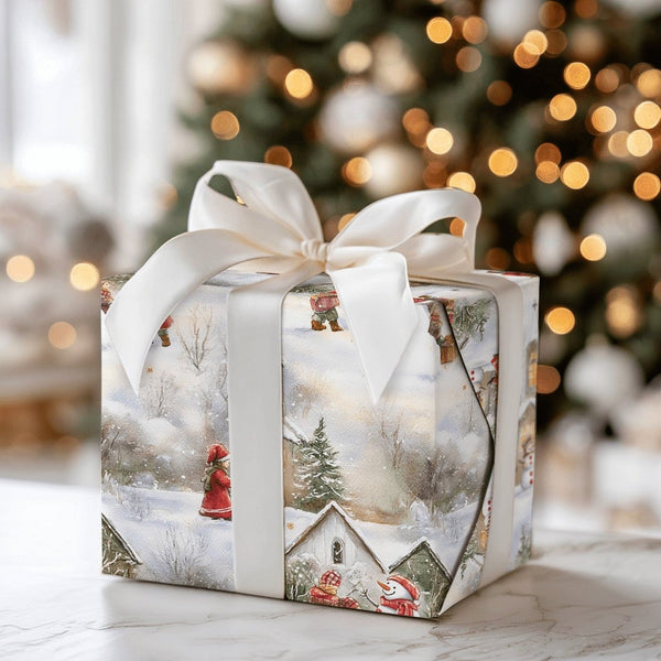 Snowy Town Holiday Gift Wrap, Vintage Village Christmas Wrapping Paper, Watercolor Xmas Wrapping Paper, Nostalgic Church Wint