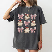Retro Santa Claus Face Graphic Tee, Christmas Coquette Bow Santa T-Shirt, Pink Holiday Bow Aesthetic Shirt, Adorable Festive Xmas T-Shirt
