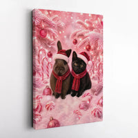 Santa Hat Pets in Candy Cane Wonderland, Christmas Bunny and Black Cat Canvas Print, Holiday Wall Art, Present for Cat and Rabbit Lovers