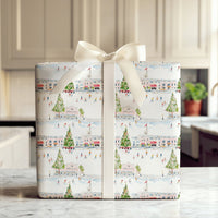 Watercolor Town Square Gift Wrap, Ice Skating Winter Village Wrapping Paper, Festive Christmas Wrapping Paper, Holiday Season Gift Wrap Roll