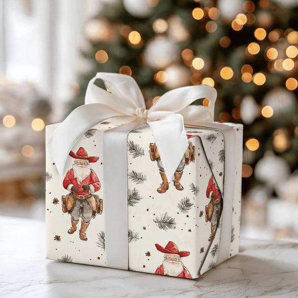 Western Watercolor Christmas Gift Wrap, Cowboy Santa Wrapping Paper, Rustic Holiday Santa Wrapping Paper, Country Cowgirl Xma