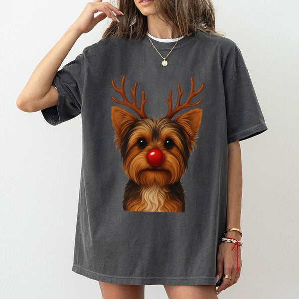 Adorable Yorkshire Terrier Holiday Graphic Tee, Yorkie Reindeer Christmas T-Shirt, Festive Xmas Dog Lover Shirt, Puppy Mom Wi