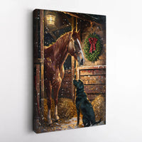 Rustic Barn Snow Scene Wall Art, Christmas Horse and Labrador Canvas, Festive Winter Dog Decor, Digital Download Print