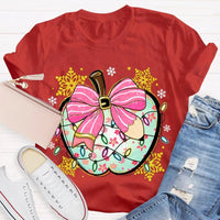 Festive Teacher Holiday Shirt, Christmas Lights Snowflakes Bow Apple T-Shirt, Adorable Coquette Winter Graphic Tee, Xmas Present for Her