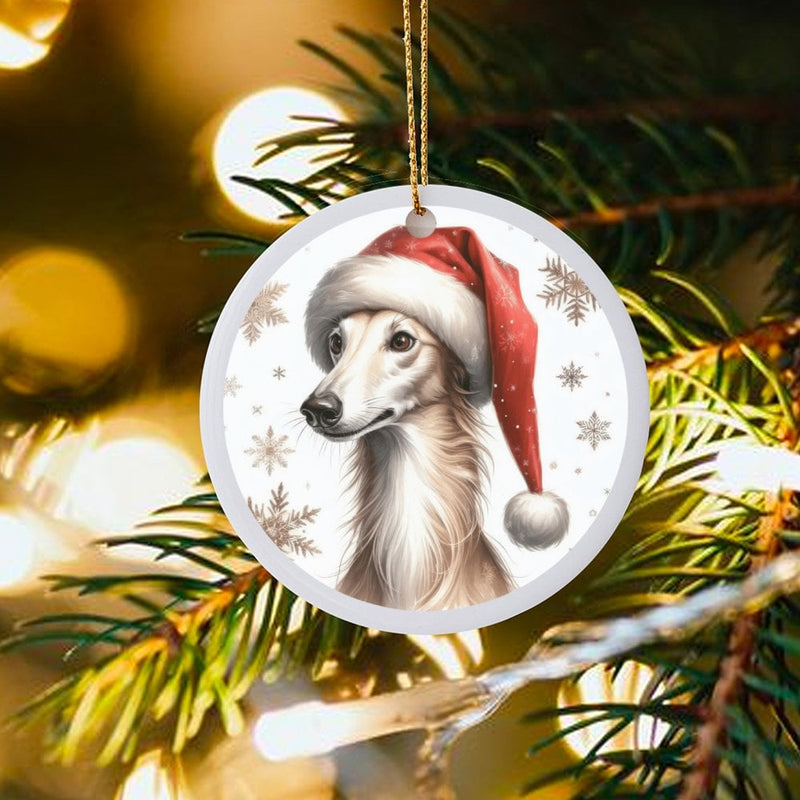 Santa Hat Snowflake Ceramic Ornament, Saluki Dog Christmas Ornament, Sighthound Holiday Tree Keepsake, Dog Lover Pet Memorial Present