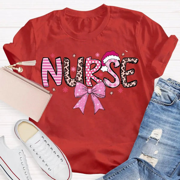Nurse Christmas Shirt, School Nurse Santa Hat Pink Bow Shirt, Festive Holiday Medical Tee, Adorable Coquette Nurse Graphic Sh