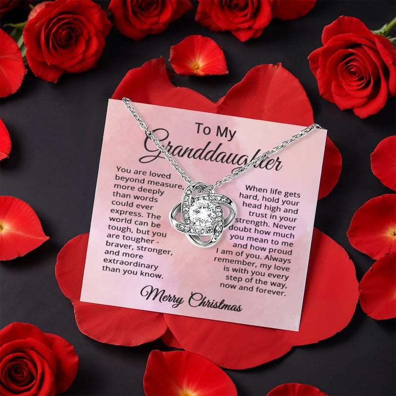 Sparkling CZ Crystal Necklace, Granddaughter Christmas Love Knot Necklace, Rose Box Pendant Necklace, Holiday Jewelry Keepsake Present