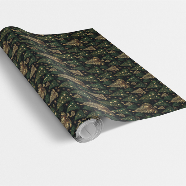 Gold Emerald Pine Tree Gift Wrap, Enchanted Forest Christmas Wrapping Paper, Woodland Holiday Gift Wrap Roll, Festive Winter 