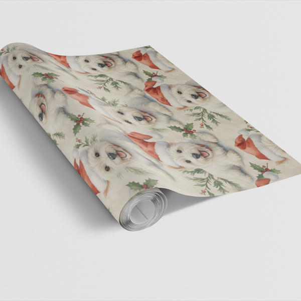 Santa Hat Dog Gift Wrap, Westie Christmas Wrapping Paper, Adorable Holiday Wrapping Paper, Dog Lover Xmas Gift Wrap Roll, Fes