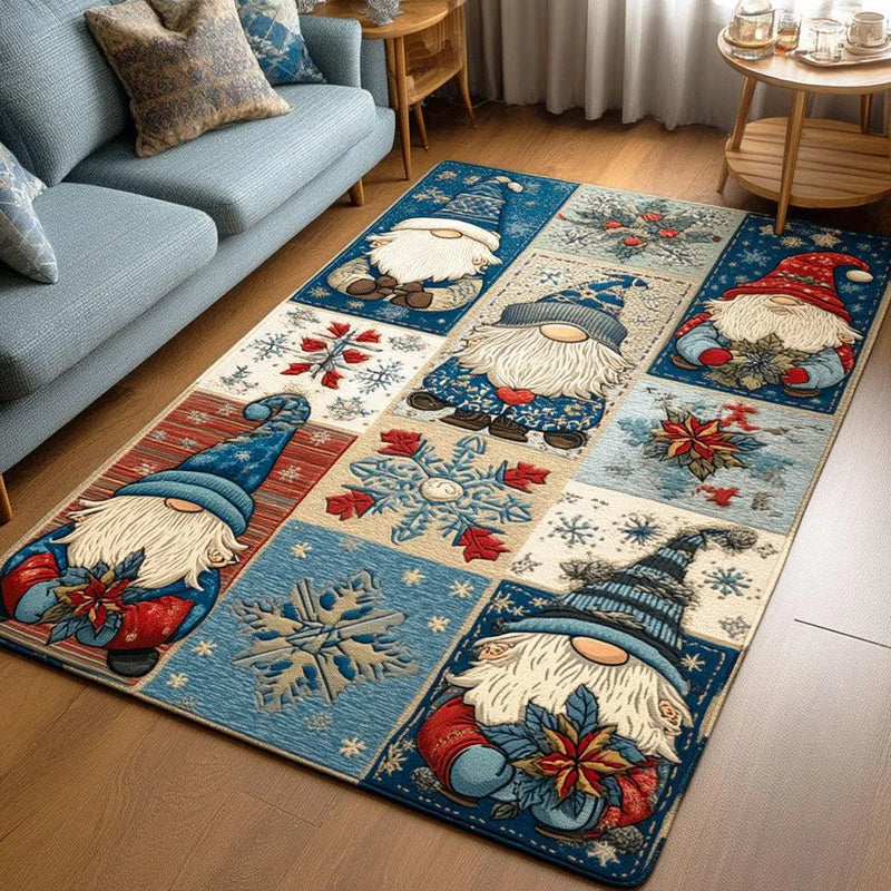 Nordic Christmas Gnome Snowflake Rug, Gnome Holiday Area Rug, Washable Winter Floor Carpet, Comfy Seasonal Living Room Decor