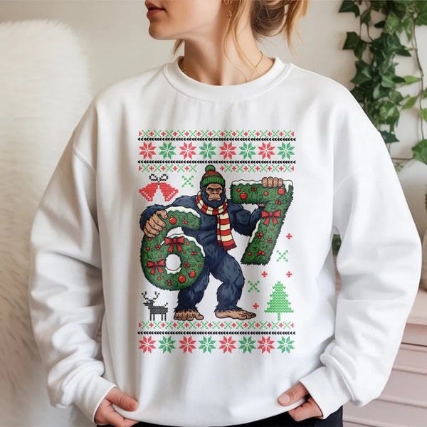 Humorous Sasquatch Christmas Sweatshirt, Bigfoot 67 Christmas Sweatshirt, Ugly Pattern Holiday Sweatshirt, Winter Sasquatch C