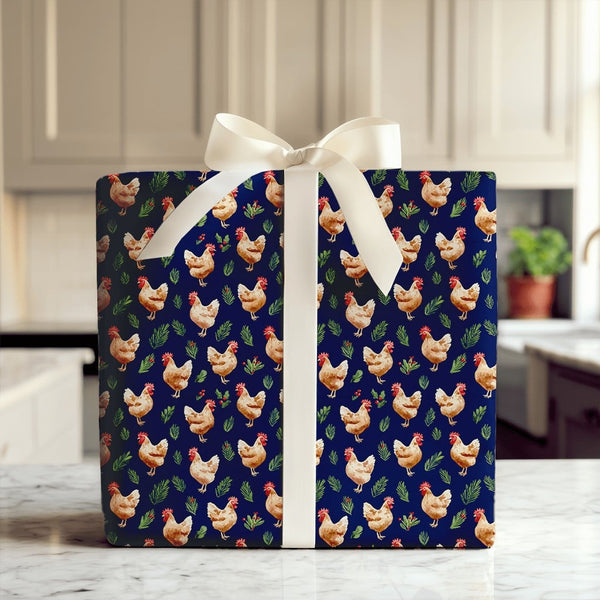 Farmhouse Rooster Gift Wrap, Christmas Chicken Wrapping Paper, Rustic Holiday Hen Wrapping Paper, Poultry Lover Festive Gift 
