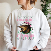 Humorous Opossum Christmas Sweatshirt, First of All Im a Delight Sweatshirt, Possum Holiday Crewneck, Adorable Animal Humor Christmas Sweater