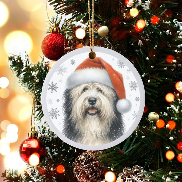 Santa Hat Dog Holiday Ornament, Old English Sheepdog Christmas Ornament, Ceramic Puppy Tree Ornament, Sheepdog Lover Keepsake