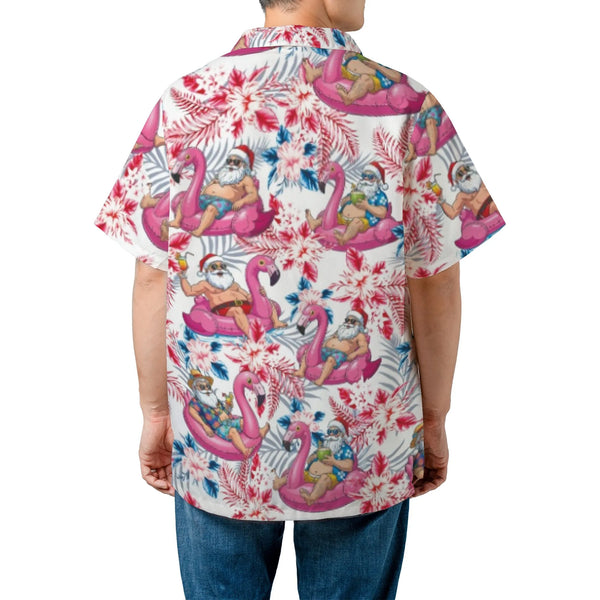 Santa Claus Flamingo Float Aloha Shirt, Tropical Christmas Hawaiian Shirt, Humorous Holiday Summer Button Down, Mele Kalikima