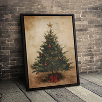 Rustic Holiday Canvas Wall Art, Vintage Christmas Tree Canvas Print, Red Ornaments Canvas Decor, Winter Xmas Wall Art, Festive Holiday Present