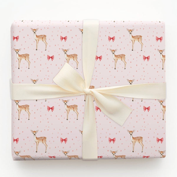 Adorable Red Bow Holiday Gift Wrap, Baby Deer Fawn Christmas Wrapping Paper, Watercolor Woodland Wrapping Paper, Baby Shower 
