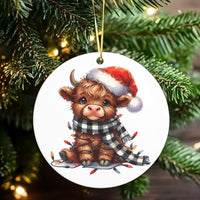 Santa Hat Calf Ceramic Ornament, Baby Highland Cow Christmas Ornament, Plaid Scarf Farm Animal Ornament, Festive Tree Decor, Holiday Present