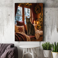 Grey Cat Snowy Window Wall Art, Comfy Winter Cat Canvas, Christmas Cabin Cat Canvas Print, Holiday Candlelight Cat Wall Decor, Cat Lover Present