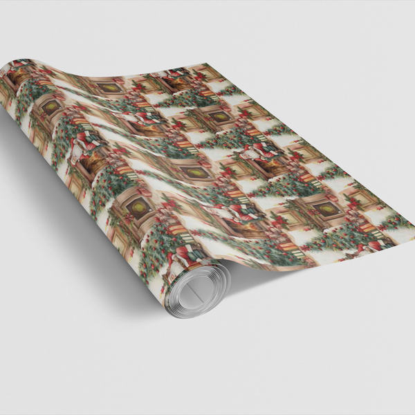 Fireside Christmas Gift Wrap, Vintage Santa Wrapping Paper, Retro Holiday Scene Wrapping Paper, Nostalgic Xmas Present Paper
