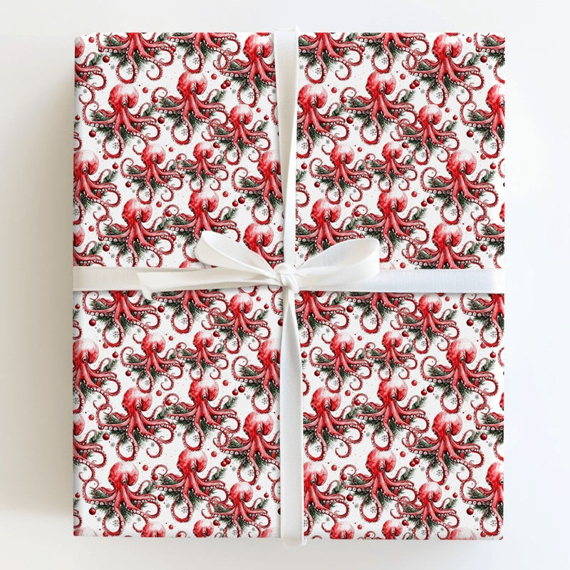 Coastal Ocean Holiday Gift Wrap, Christmas Octopus Wrapping Paper, 90 GSM Fine Art Paper, Whimsical Nautical Present Wrapping Roll