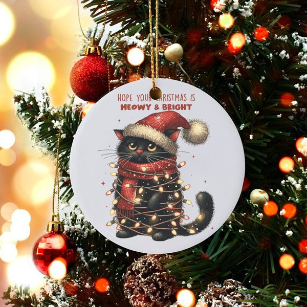 Black Cat Holiday Tree Ornament, Meowy and Bright Cat Christmas Ornament, Humorous Kitten Ceramic Ornament, Adorable Animal X